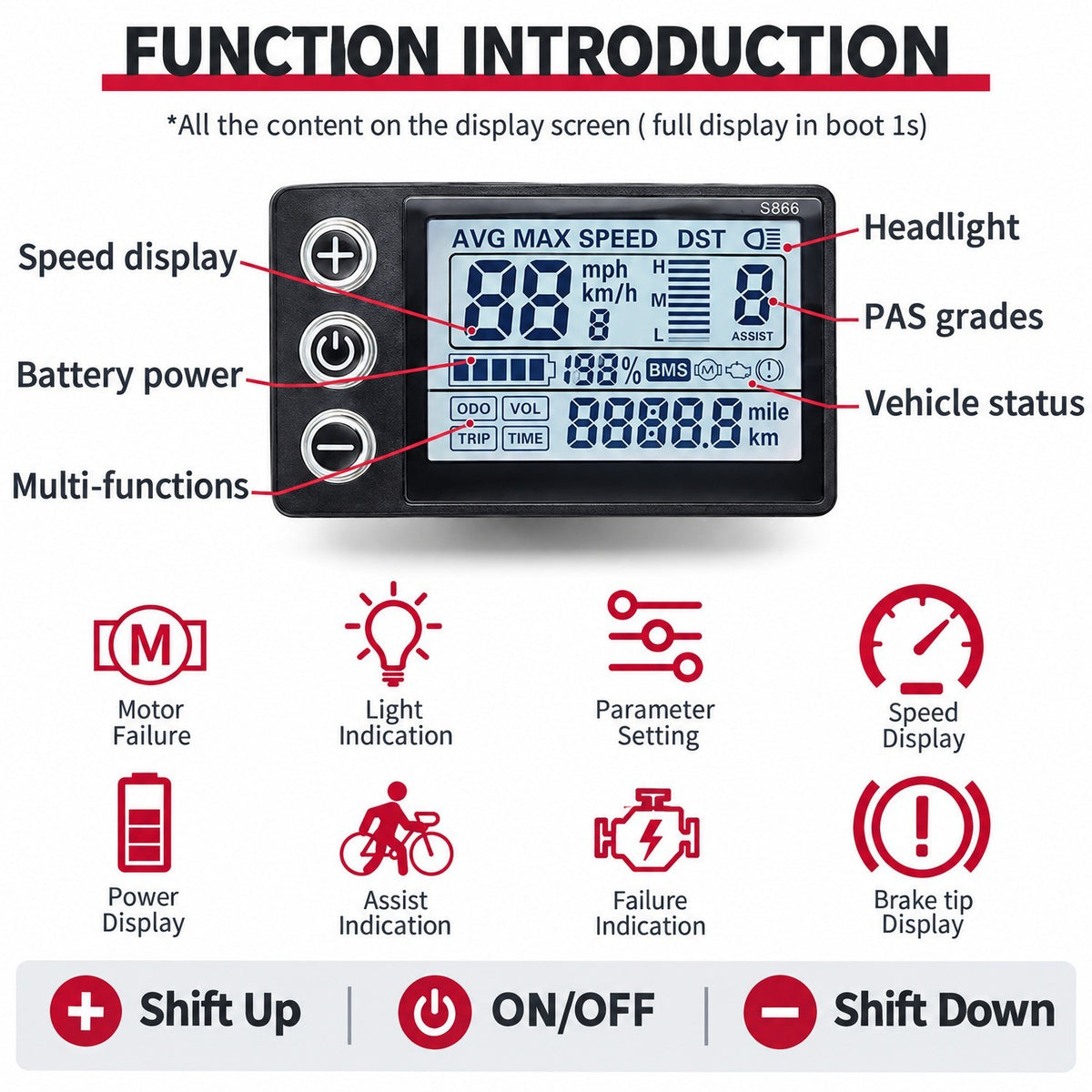 Electric Bike LCD Display 24V 36V 48V Waterproof Segment Screen for MTB & E-Bike