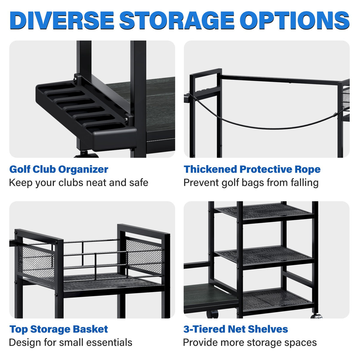 Golf Bag Storage Rack with Wheels - Organize Golf Clubs & Accessories