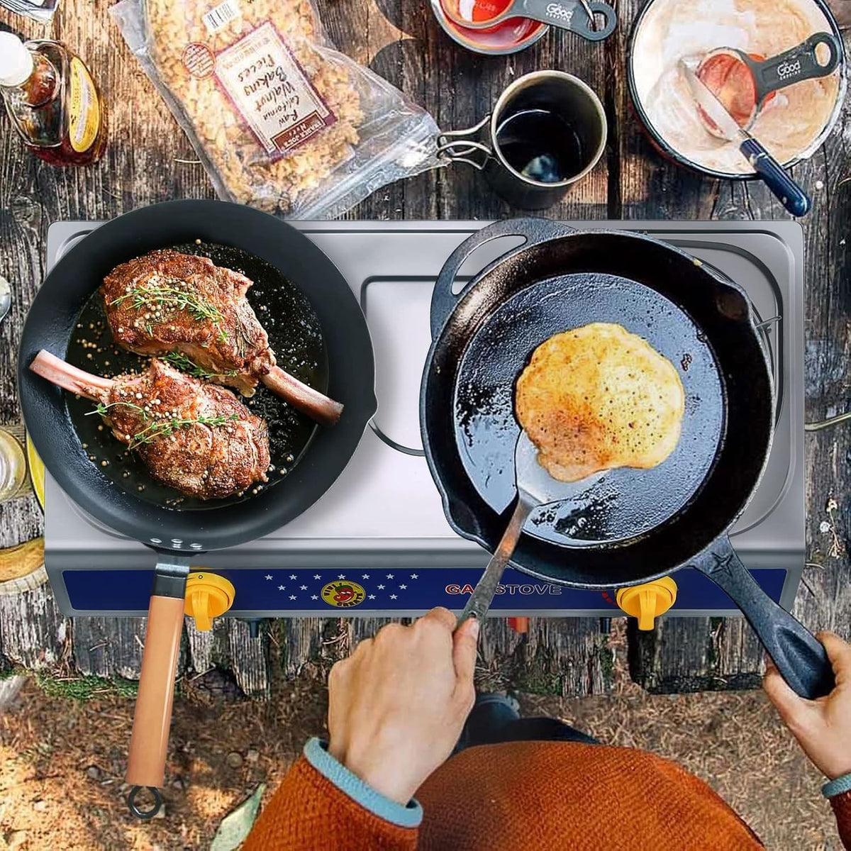 Portable Gas Camping Stove with 2 Burners, Auto Ignition, Stainless Steel