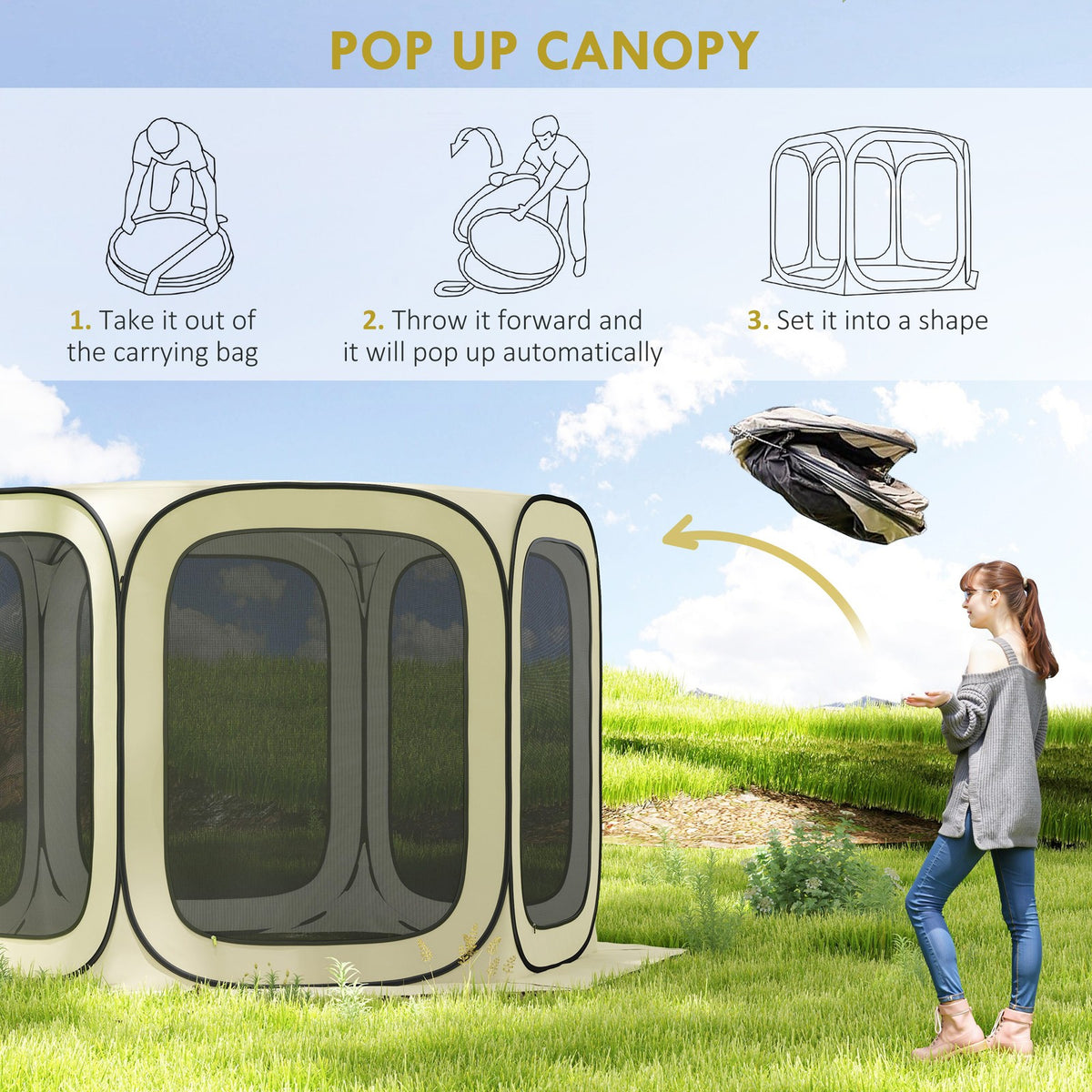 11ft Pop Up Screen Tent with UPF50+ Shade and Carry Bag - Beige Camping Gazebo