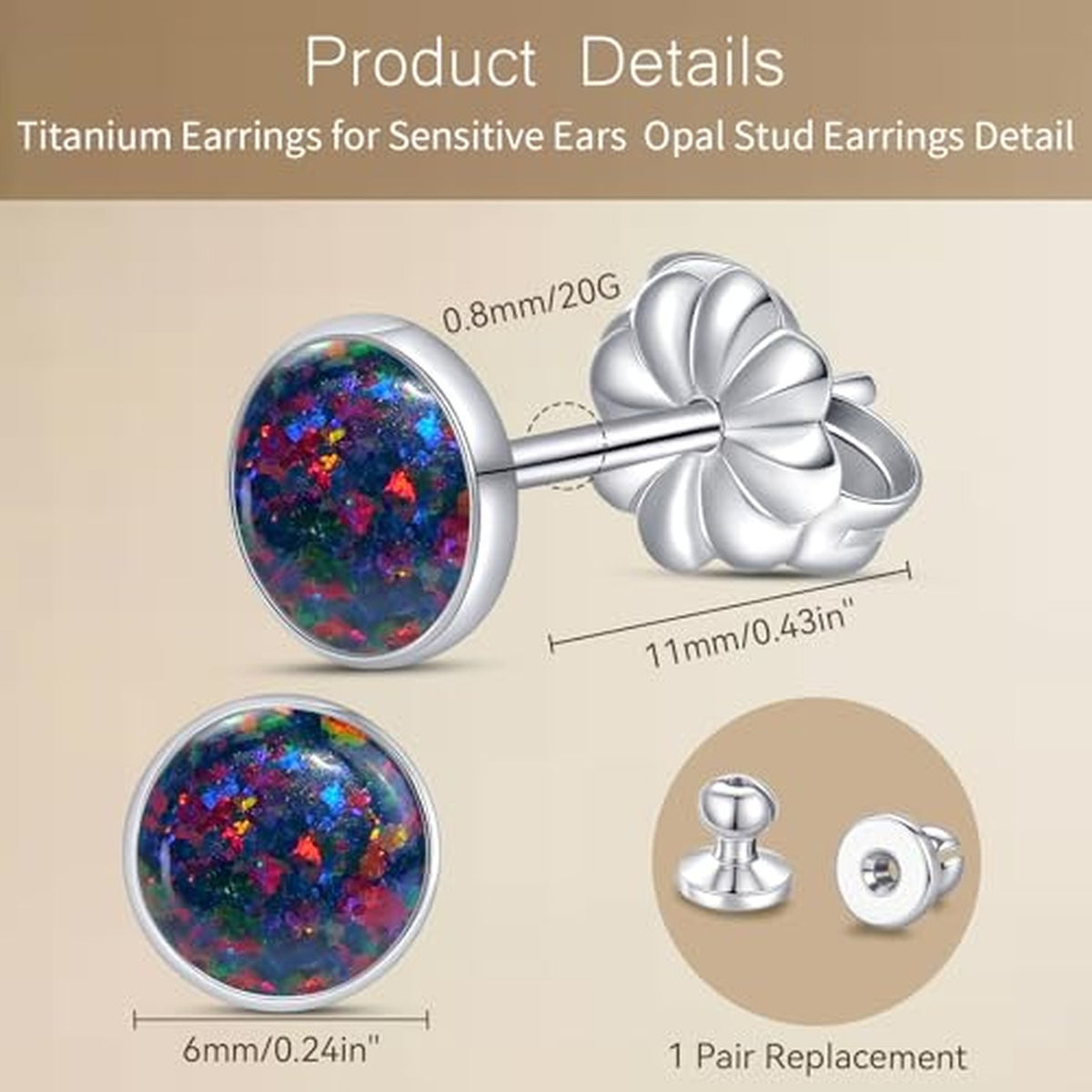 Hypoallergenic Titanium Opal Stud Earrings - Minimalist 6mm Black Gem