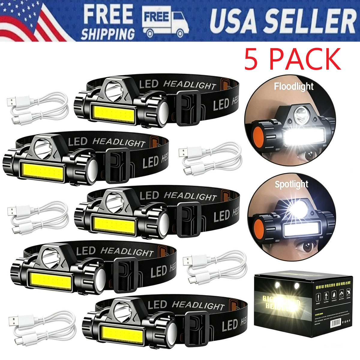 Rechargeable LED Headlamp Set - Waterproof, Ultra Bright, 180° Adjustable, 5 Pack