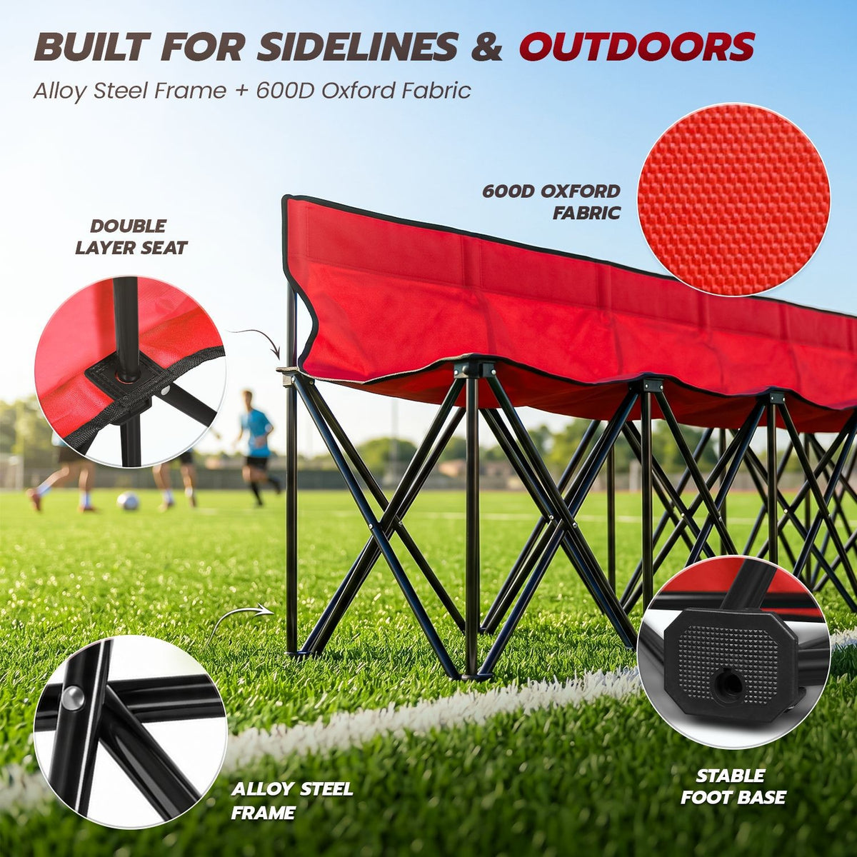 6-Person Collapsible Team Sideline Bench with Backrest - Red Sports Seating