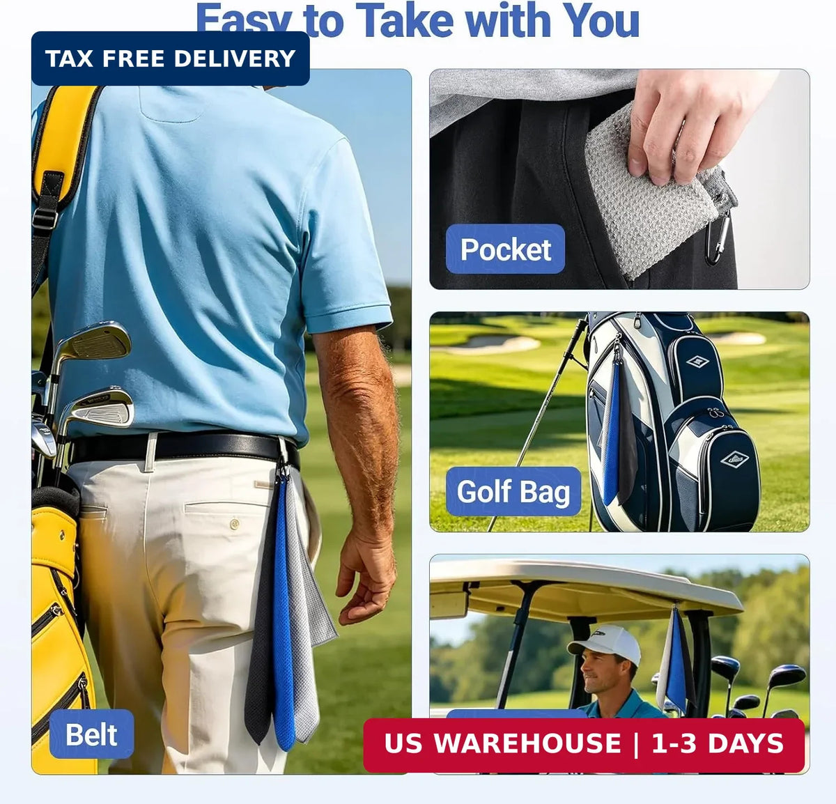 Pro 3 Pack Golf Towels - Microfiber 16x16 Inches with Hook & Loop Fastener