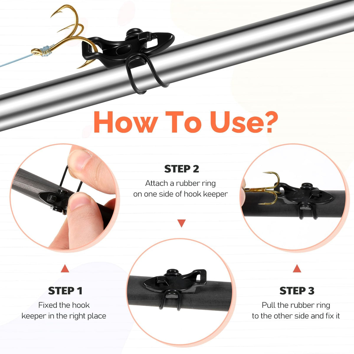 Fishing Hook Keeper Set with 3 Sizes for Rods - 6 Black Plastic & Rubber Holders