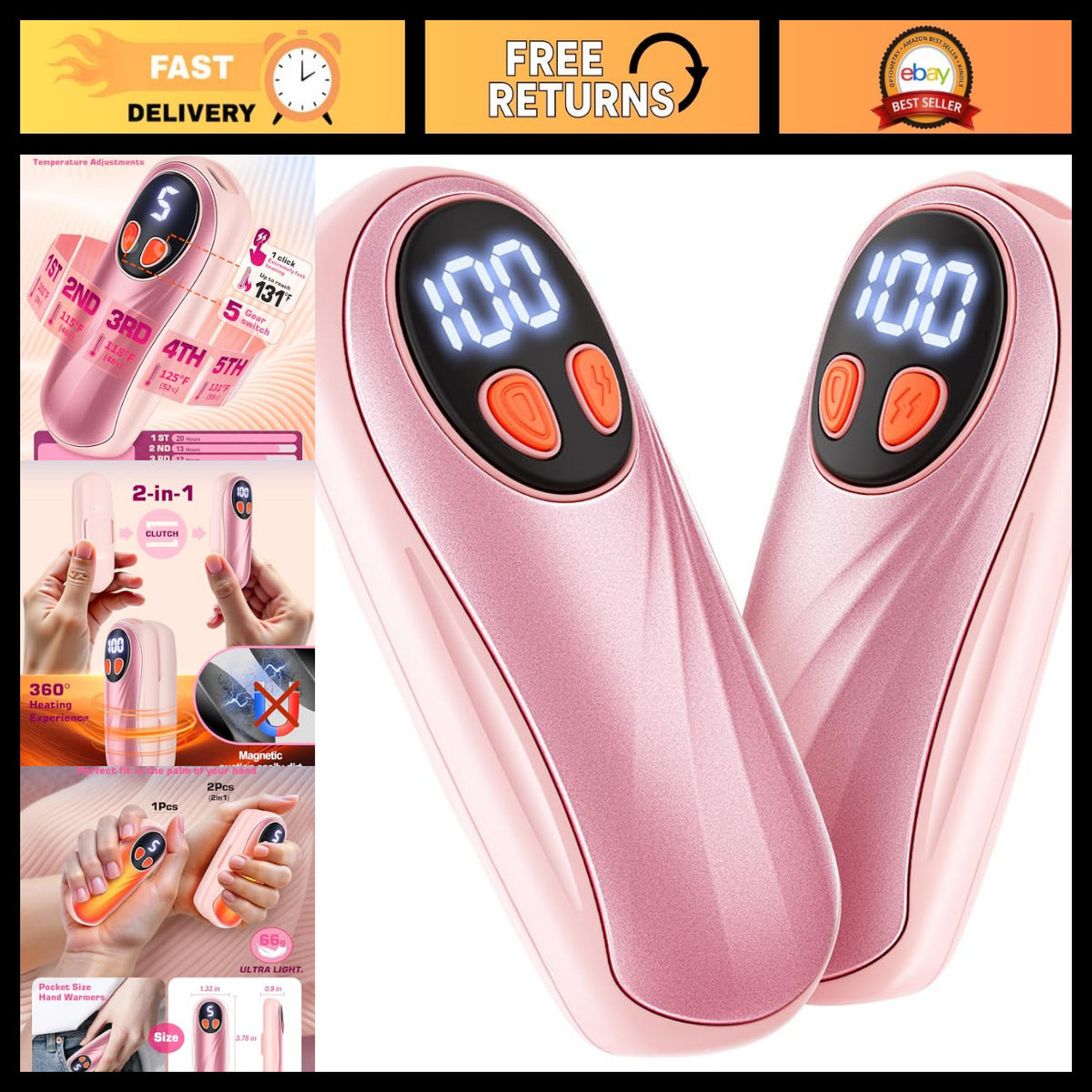 Rechargeable Hand Warmers 6000mAh - 5 Level Portable Pocket Heater Set