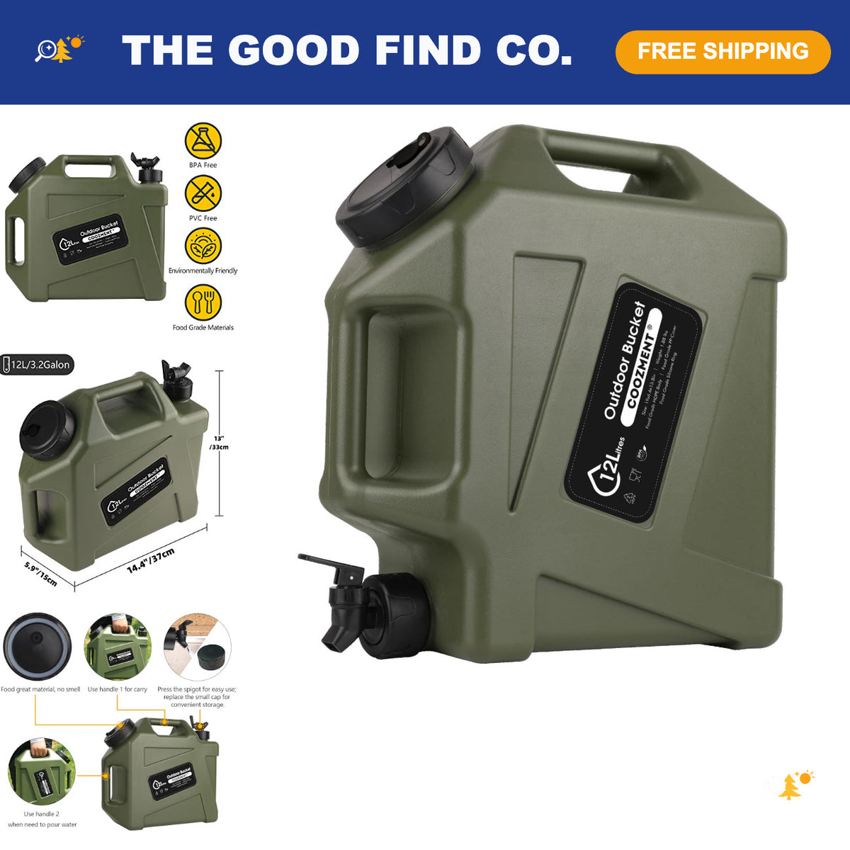 3.2 Gallon BPA-Free Water Container with Spigot for Camping & Outdoor Use - Military Green