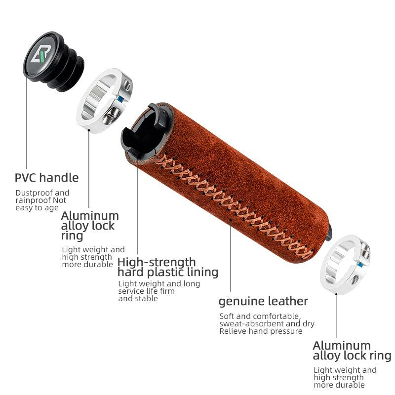 Leather Bicycle Handlebar Grips with Locking Ring Shock Absorption Anti-Slip Brown 13cm