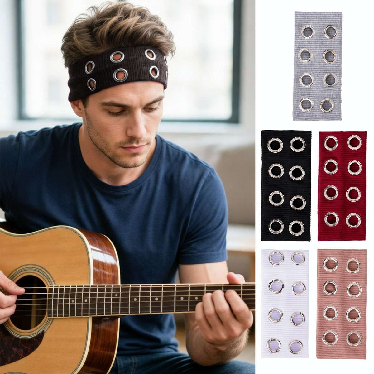 Wide Elastic Hair Band with Metal Grommets - Punk Edgy Headwear