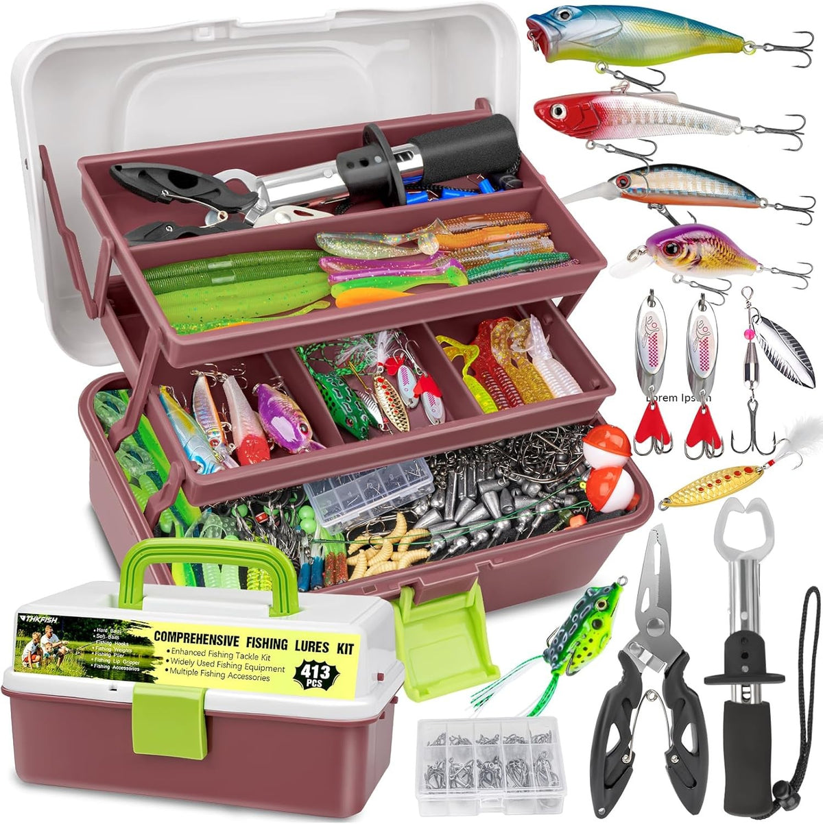 413-Piece Fishing Lures Kit with Tackle Box - Complete Bass Fishing Gear Set