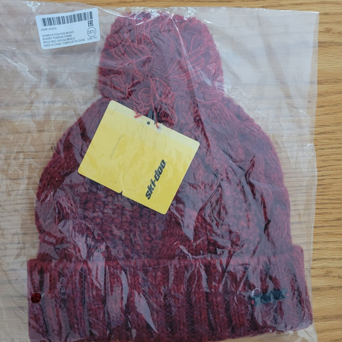 Women’s Pom Pom Beanie Hat - Brick Red Micro-Fleece Lined Winter Knit Cap