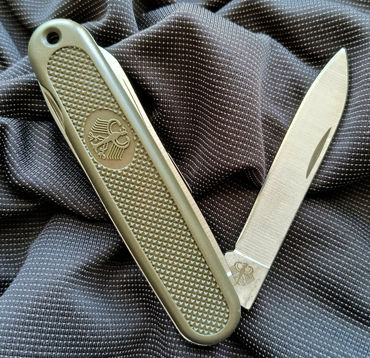 German Military Folding Pocket Knife with 5 Tools and Olive Drab Handle