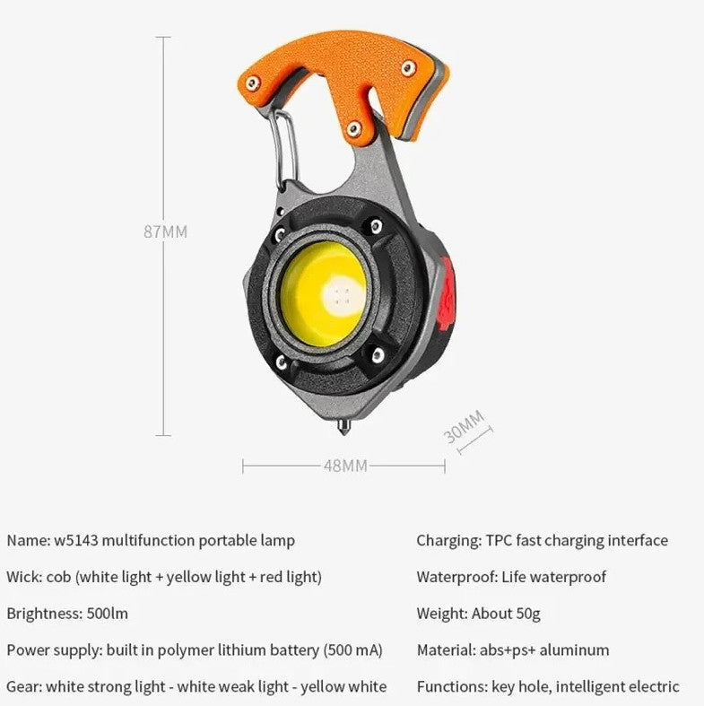 Rechargeable 500LM COB Keychain Flashlight Multi-Tool with Magnet & Emergency Functions
