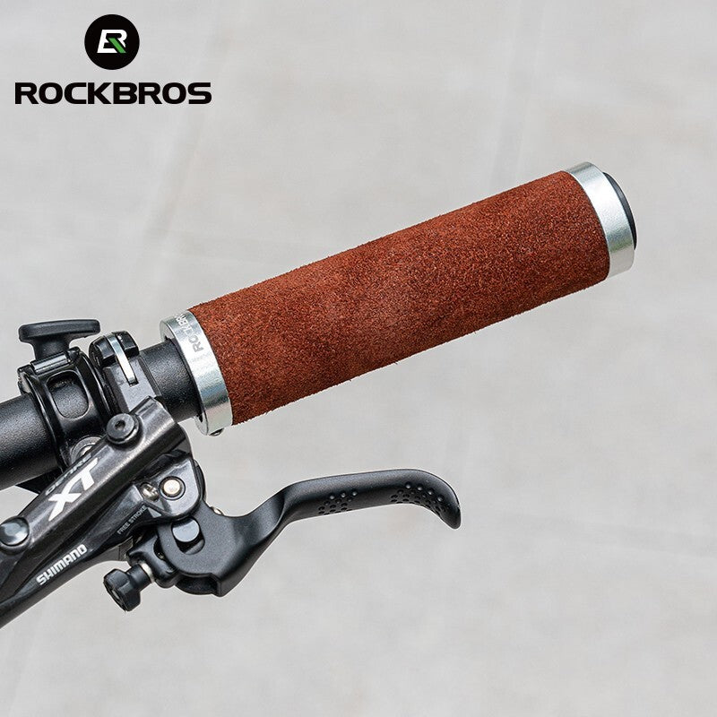 Leather Bicycle Handlebar Grips with Locking Ring Shock Absorption Anti-Slip Brown 13cm
