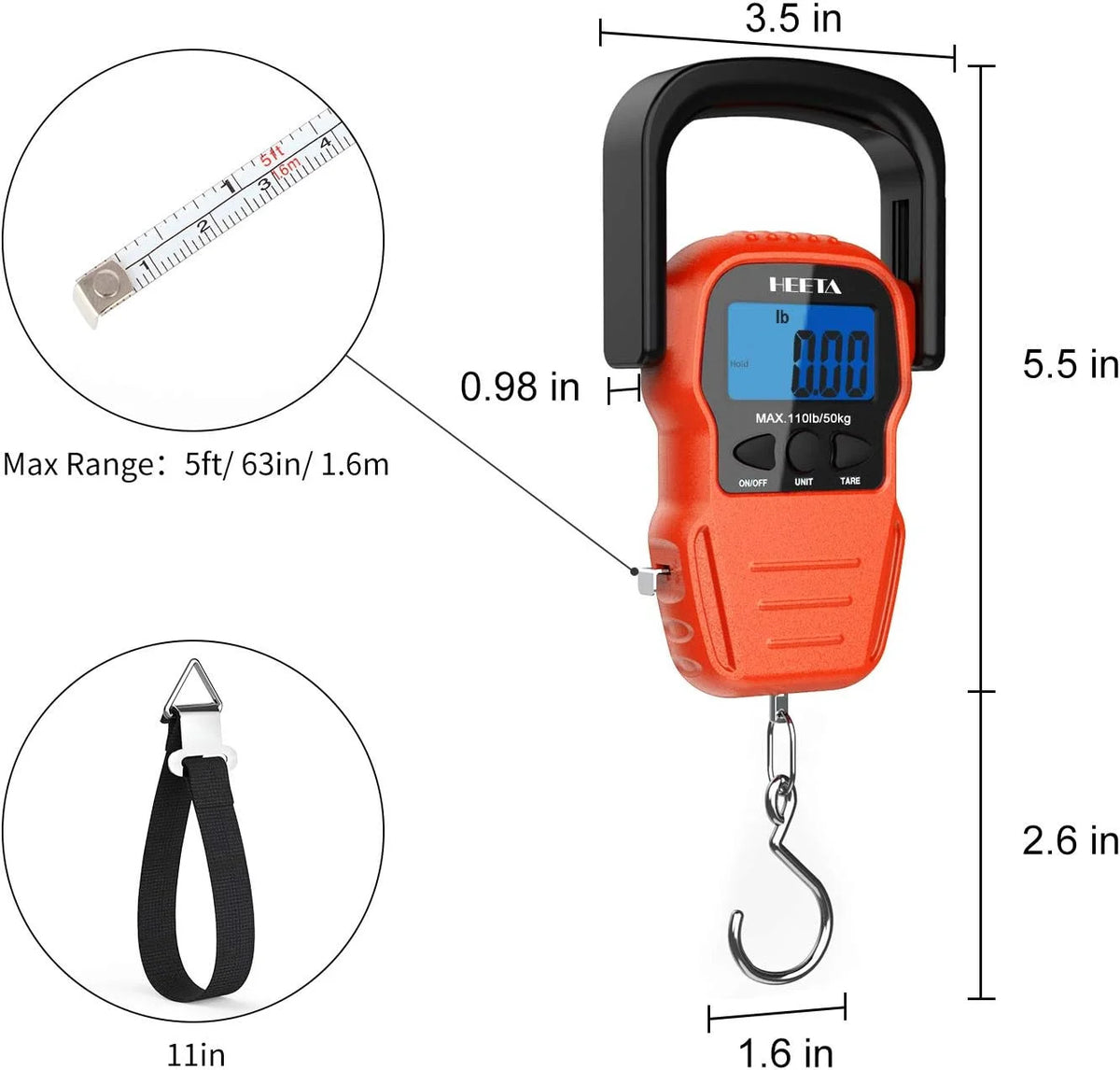 Digital Fish Scale with Backlit LCD Display 110lb/50kg Portable Hanging Weighing Tool