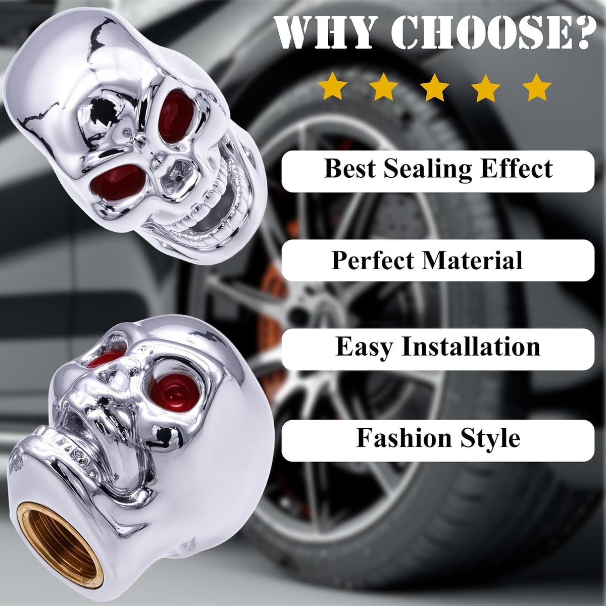 Skull Style Tire Valve Stem Caps - Universal Copper Core Wheel Air Caps for Cars, Bikes, Trucks, SUVs - Silver