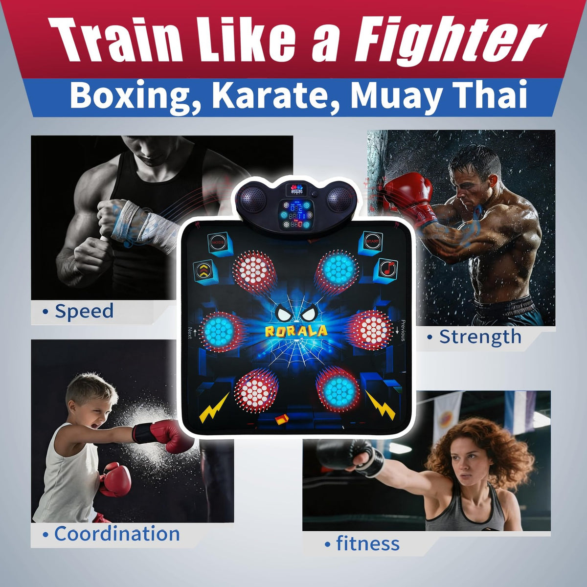 Smart Music Boxing Machine with Gloves, Wall Mounted, 10 Modes, Black