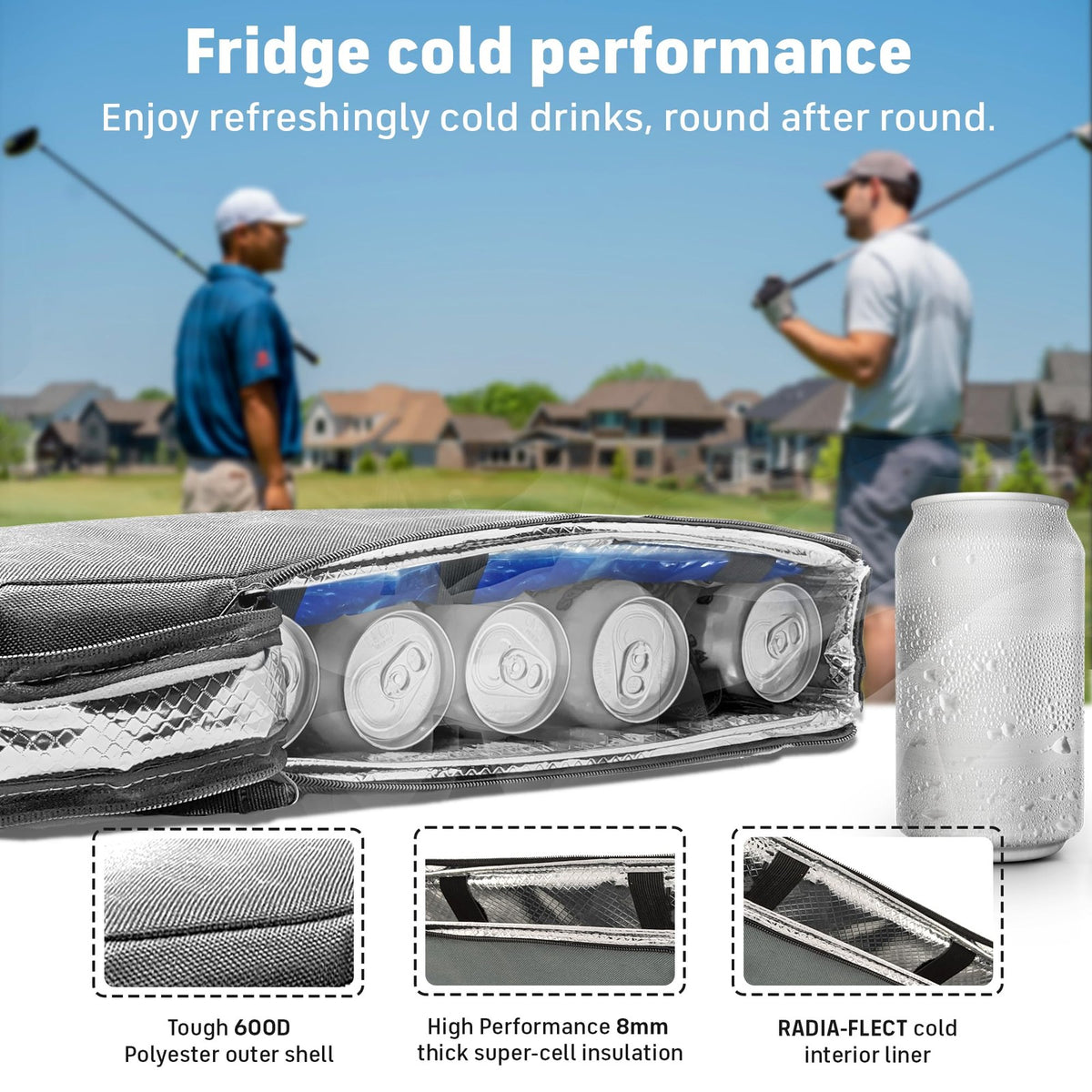Insulated Golf Cooler Bag with Ice Pack - Slim, Reusable, Keeps Drinks Cold