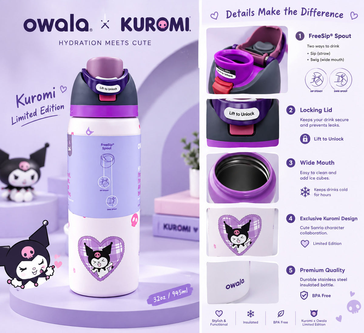 Insulated Water Bottle 32oz with Straw Kuromi Limited Edition