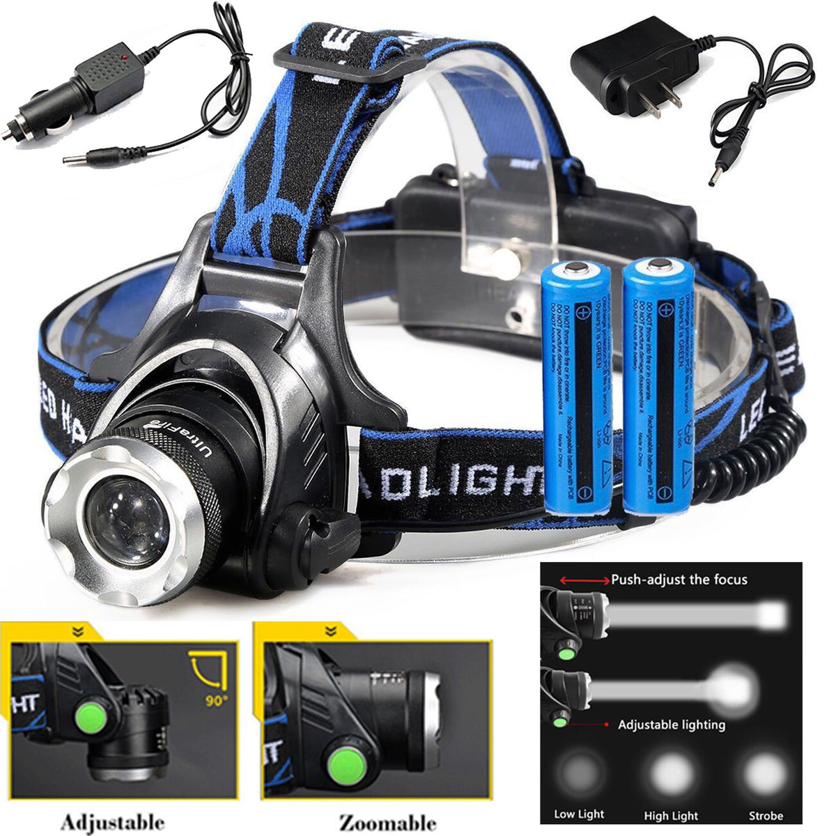Super Bright Rechargeable LED Headlamp with 100M Beam, 3 Modes, Waterproof
