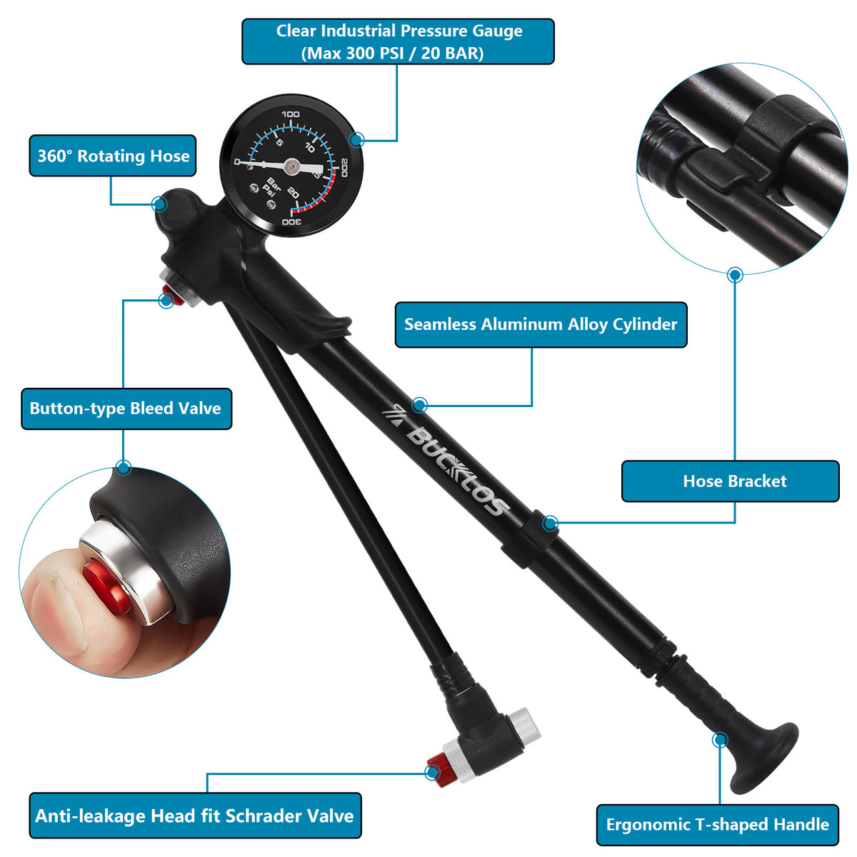 High-Pressure Bicycle Shock Pump with Pressure Gauge - Aluminum, 300 PSI