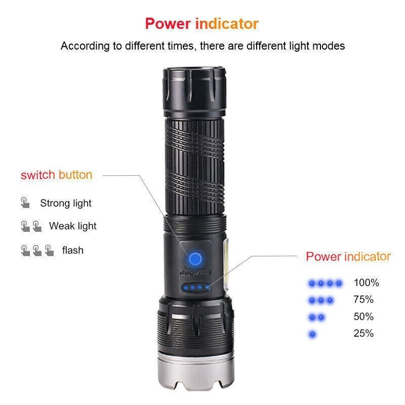 High-Powered LED Flashlight with USB Charging & Zoomable Torch