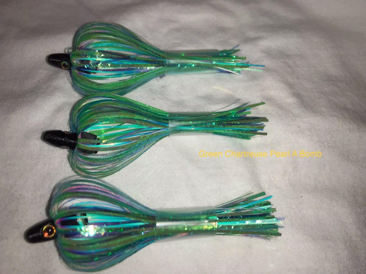 Salmon Trolling Flies Pack of 3 - Rigged Green Chartreuse Pearl A Bomb