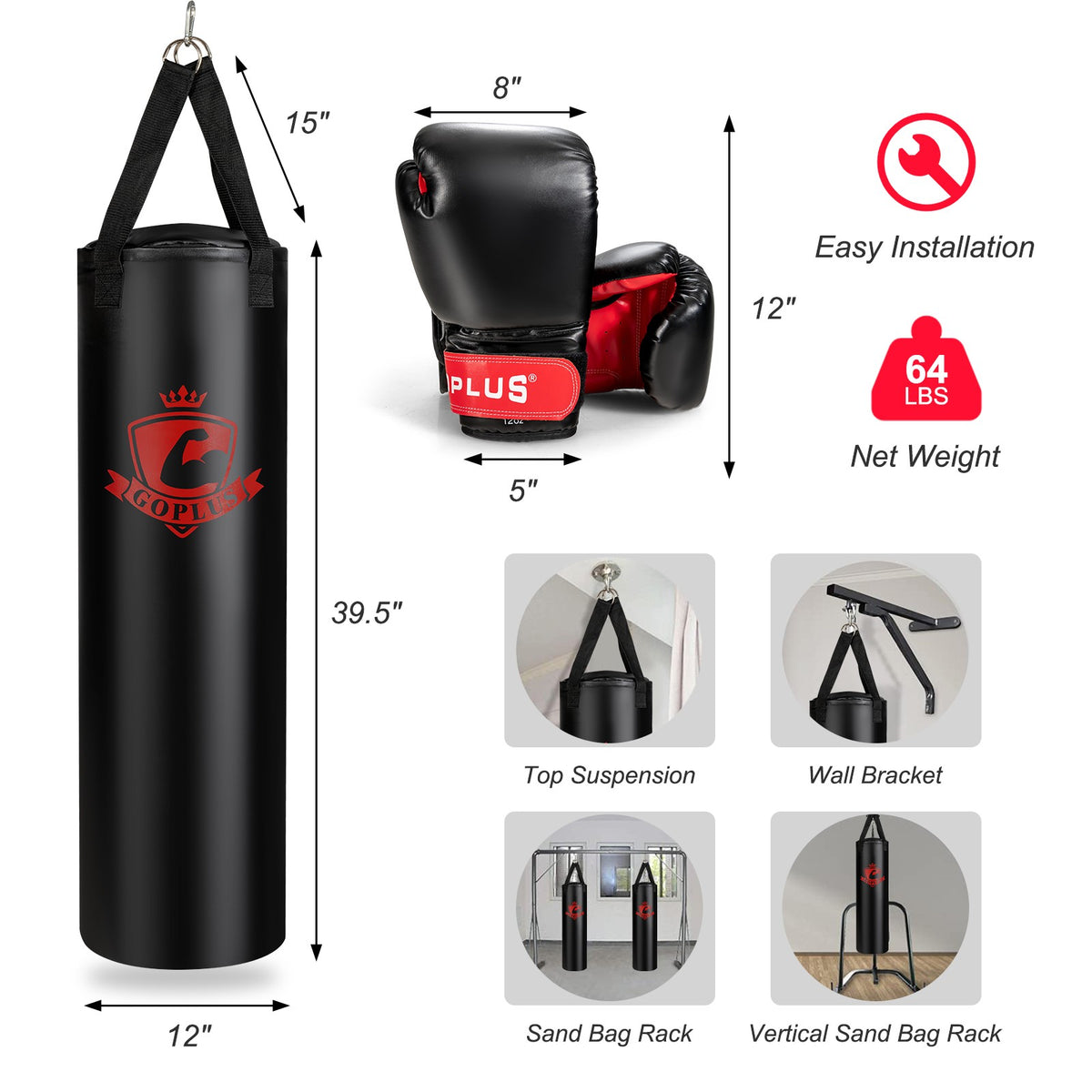 63 lb Punching Bag Set with Gloves and Hand Wraps for MMA Boxing Training