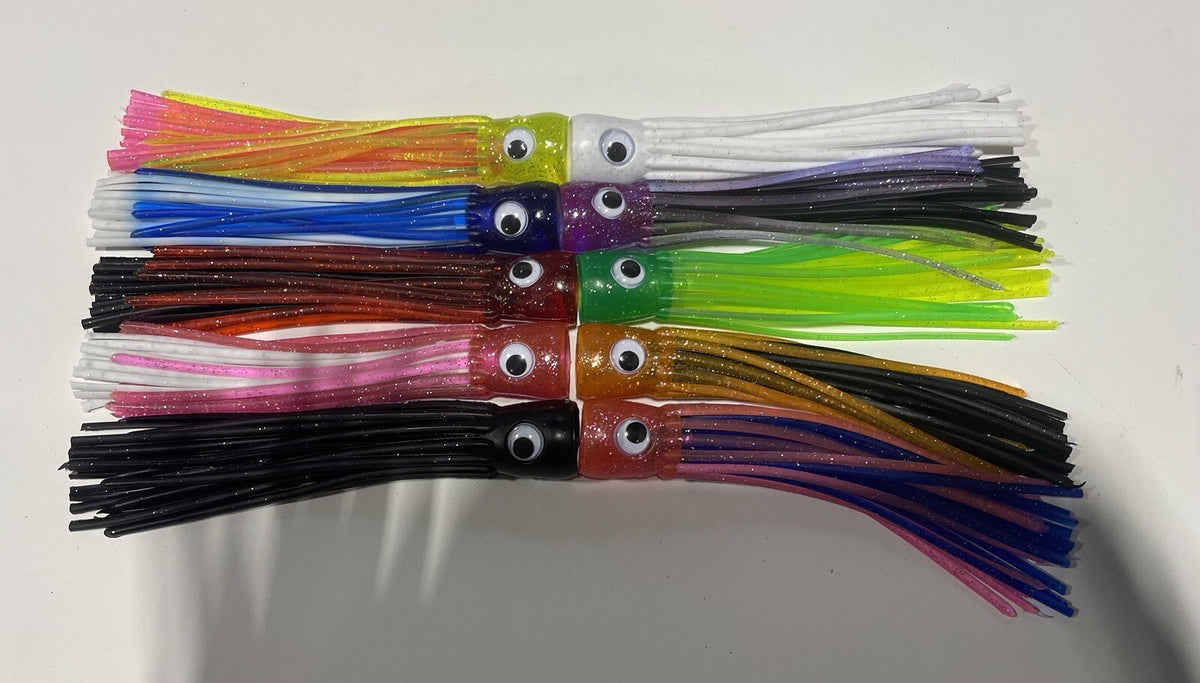 Fishing Trolling Skirts 10 Pack for Tuna Mahi Wahoo - Glitter Moving Eyes