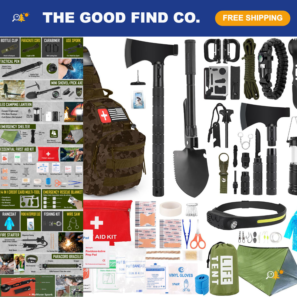 Emergency Survival Kit with First Aid, Camping Axe, Headlamp & Gear