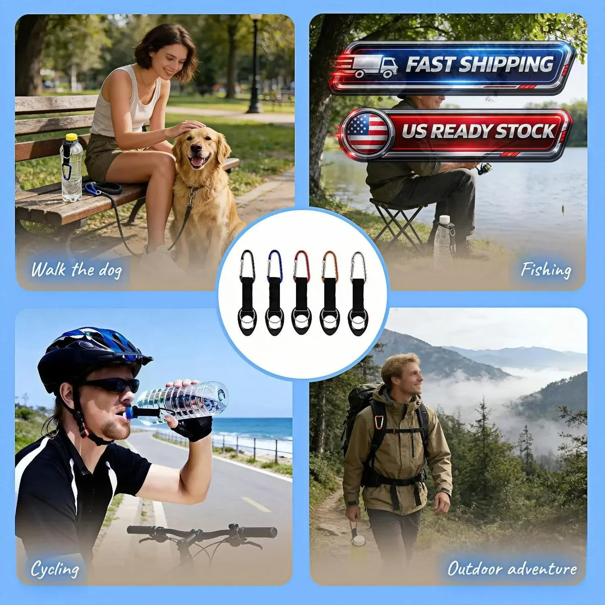 Silicone Water Bottle Holder with Carabiner & Key Ring 5-Pack for Hiking Camping