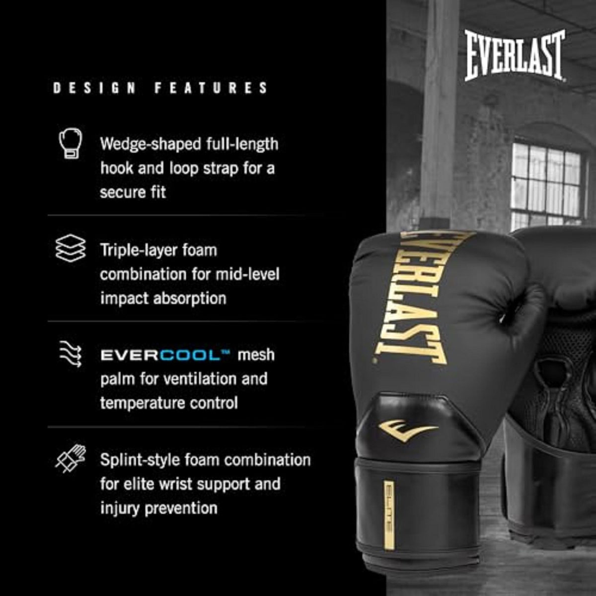 Everlast Elite 2 Boxing Gloves 14 oz - Women & Men Training, Heavy Bag, Black/Gold