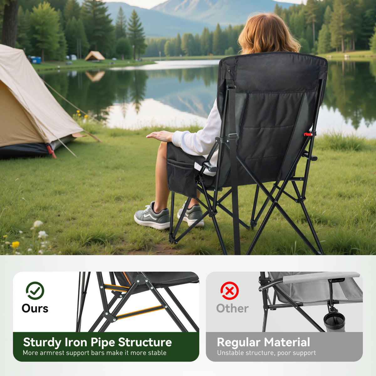 Heavy Duty Oversized Camping Chair with High Back Support - Portable 500LBS Black