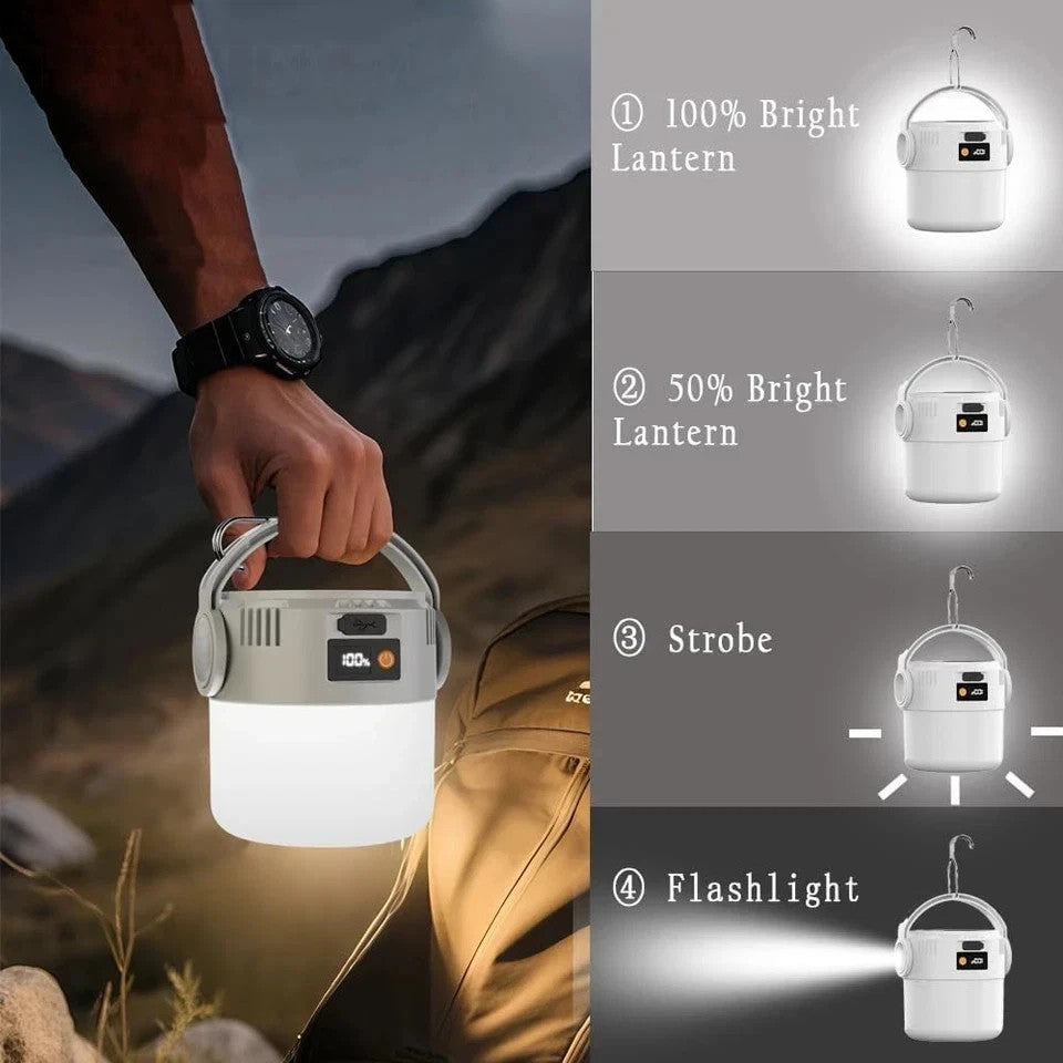 Portable Solar Rechargeable LED Camping Lantern with USB & Digital Display