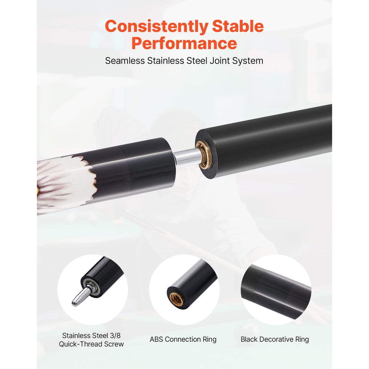 58-Inch Maple Pool Cue Stick, 19 oz, Two-Piece with 3/8-32 Quick-Thread Connector