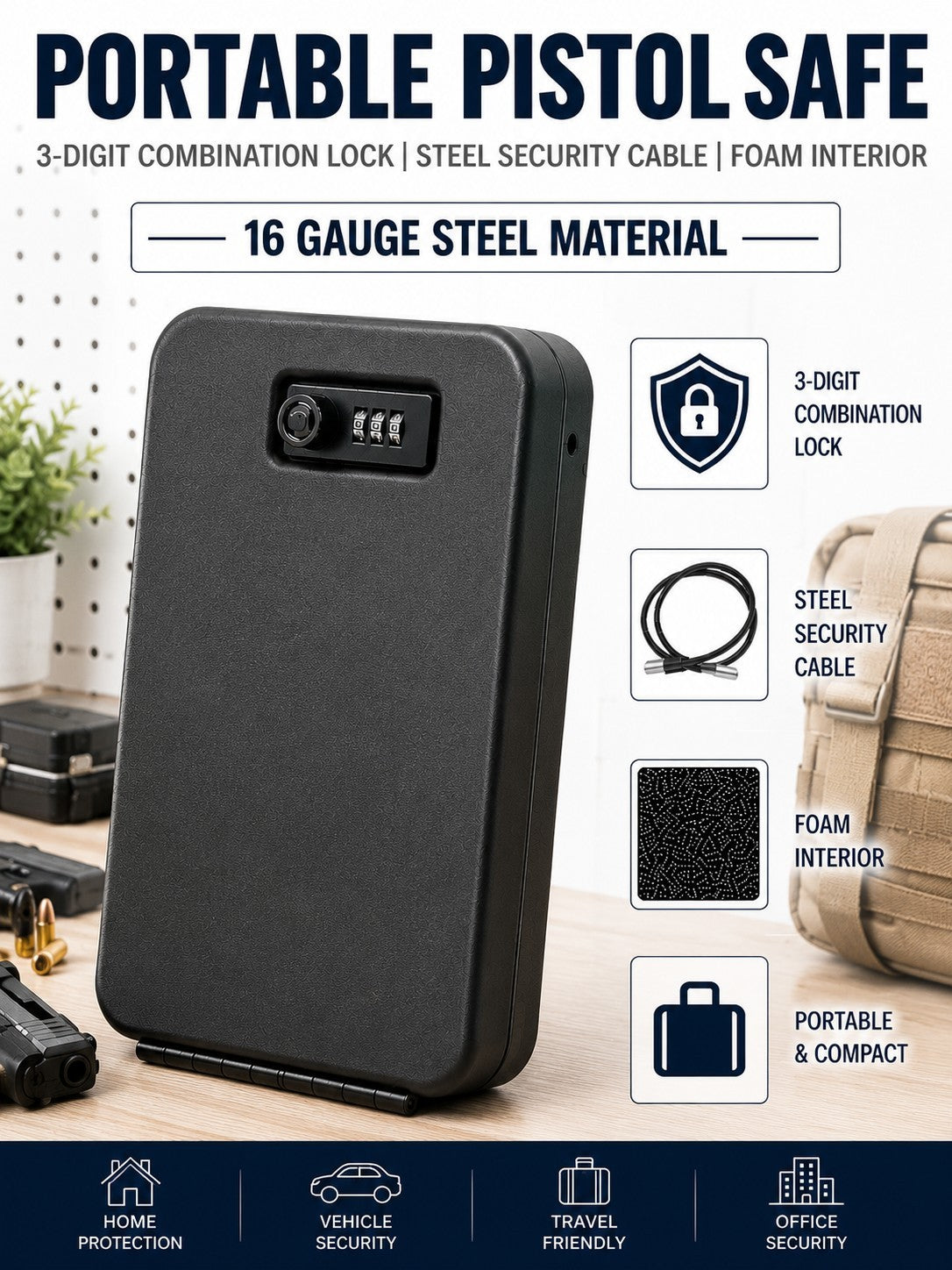 Portable Steel Pistol Safe Box with 3-Digit Combination Lock and Security Cable