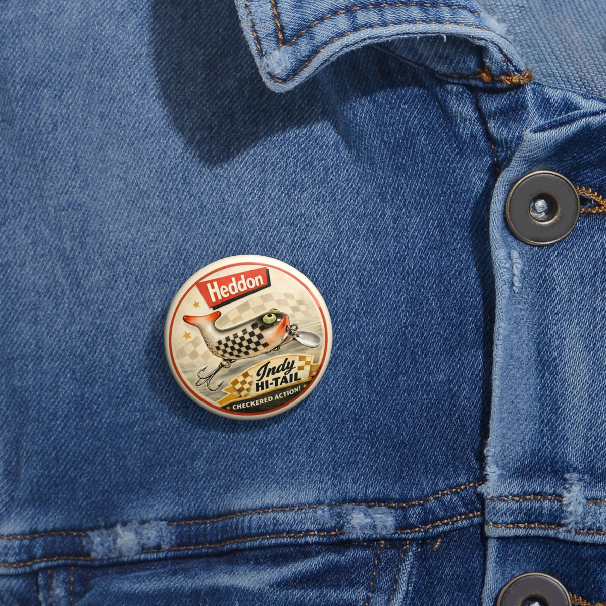 Fishing Lure Pinback Button Checkered Flag Vintage Style Badge