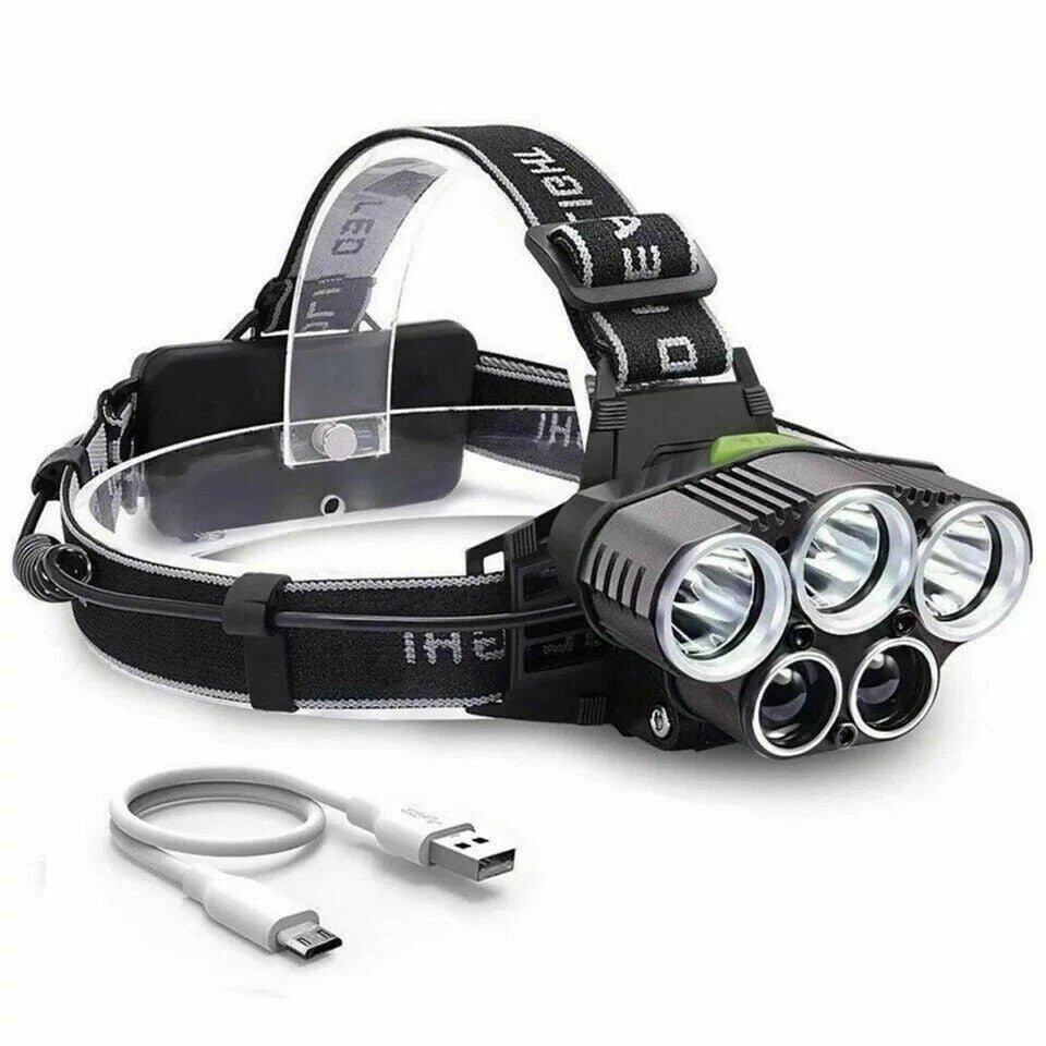Rechargeable 5 LED Headlamp with Zoom Focus - USB Head Torch for Camping Hiking Repair
