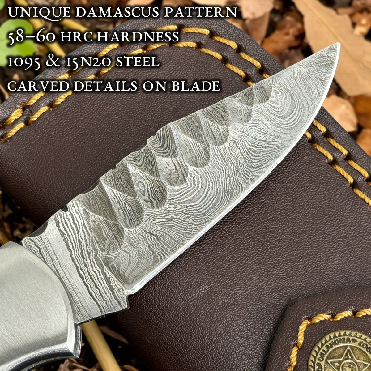 Personalized Damascus Folding Knife with Carved Blade and Leather Sheath