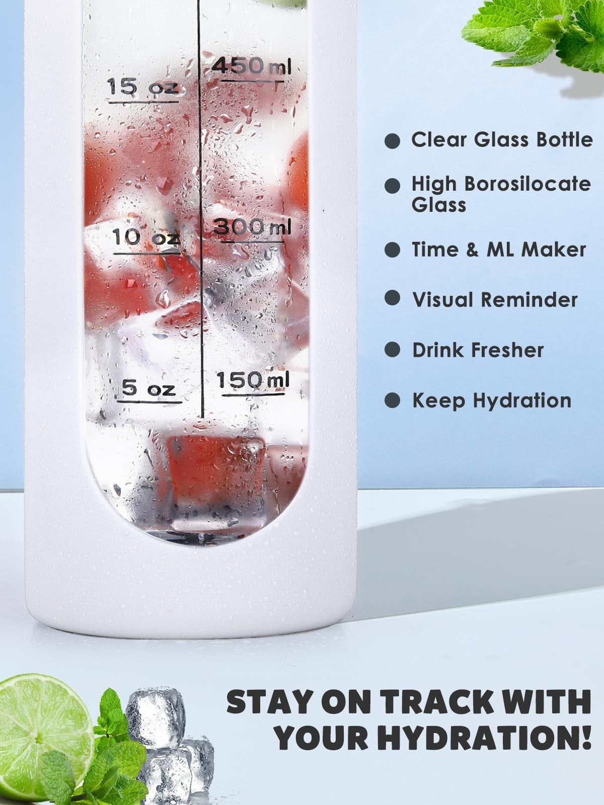 32oz Glass Water Bottle with Silicone Sleeve & Time Marker