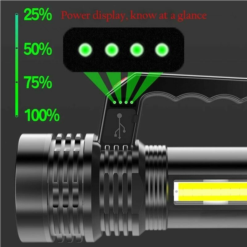 High Power LED Flashlight with Side Light, Rechargeable Waterproof Torch
