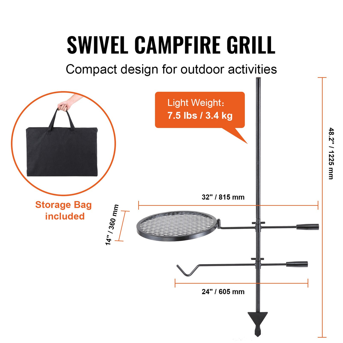 Swivel Campfire Grill with Steel Grate for Outdoor Cooking, Adjustable