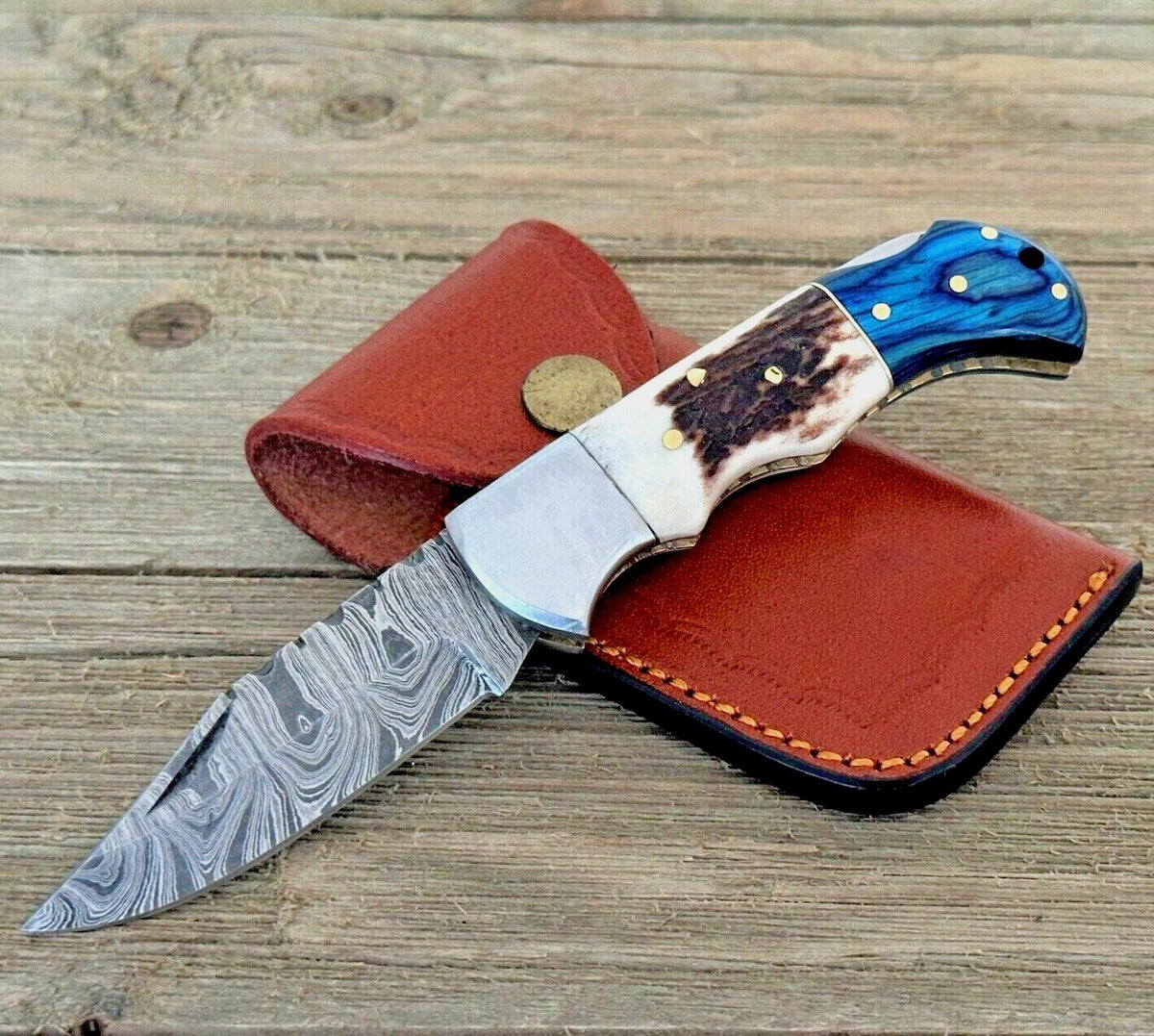 Handmade Damascus Folding Knife with Multiple Color Variants
