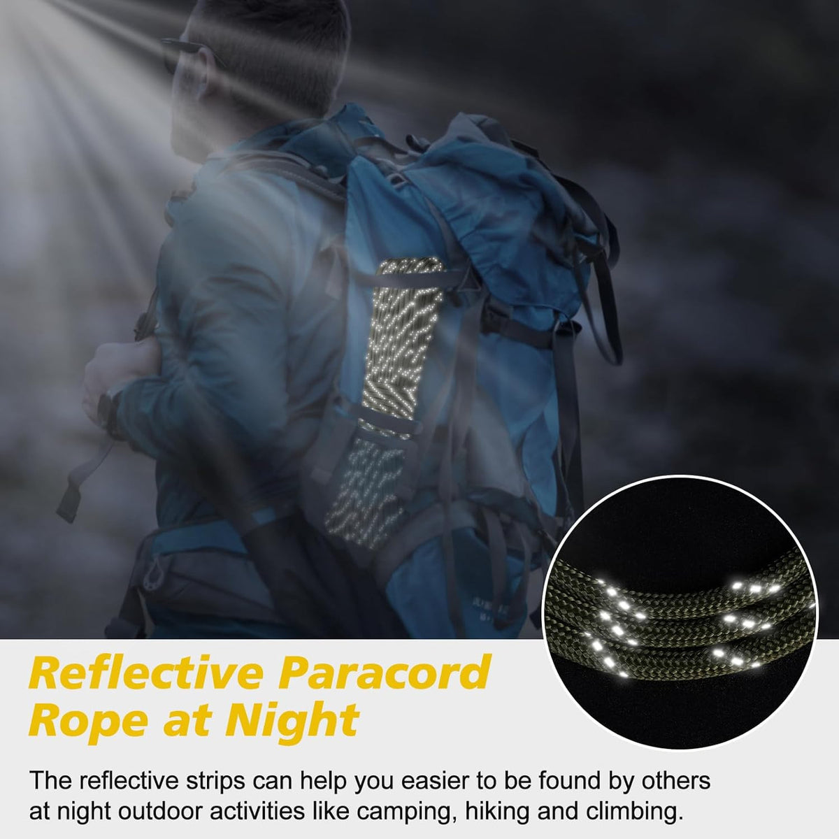 Reflective Paracord 1000Lb Rope for Camping & Survival, 50/100/200/500/1000Ft, 4mm Diameter, 13 Strand Heavy Duty Tangle-Free Spool