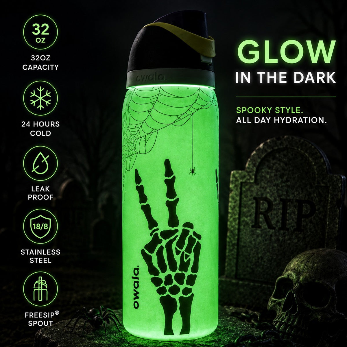 Glow in the Dark Skeleton Hand Water Bottle 32oz - Halloween Themed Hydration