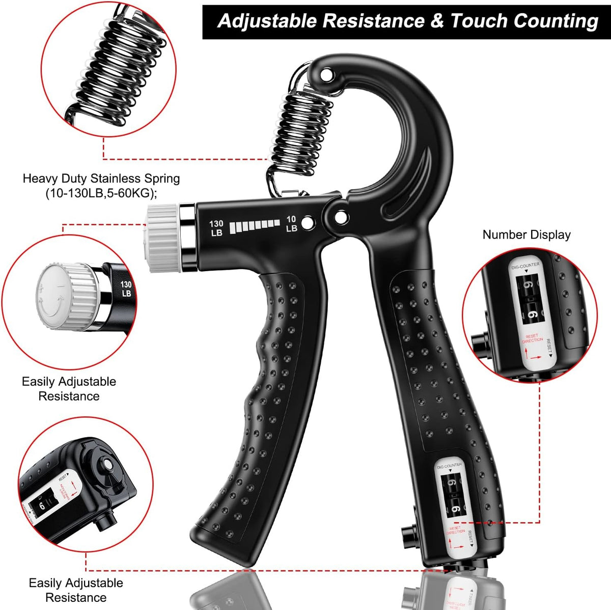 Adjustable Hand Grip Strengthener Set with Digital Counter - 2 Pack, 10-130 lbs