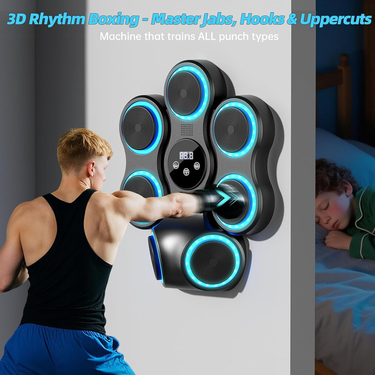 Interactive Boxing Machine with LED Lights and Bluetooth Speaker