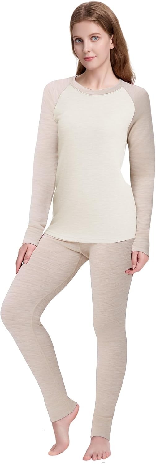 Women's Merino Wool Base Layer Sets Thermal Underwear Ski 2PC Top & Long Johns