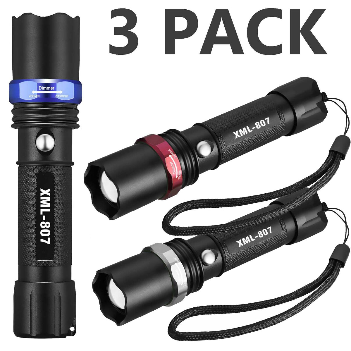 Tactical LED Flashlight 3 Pack Zoomable Aluminum High Power 5 Modes