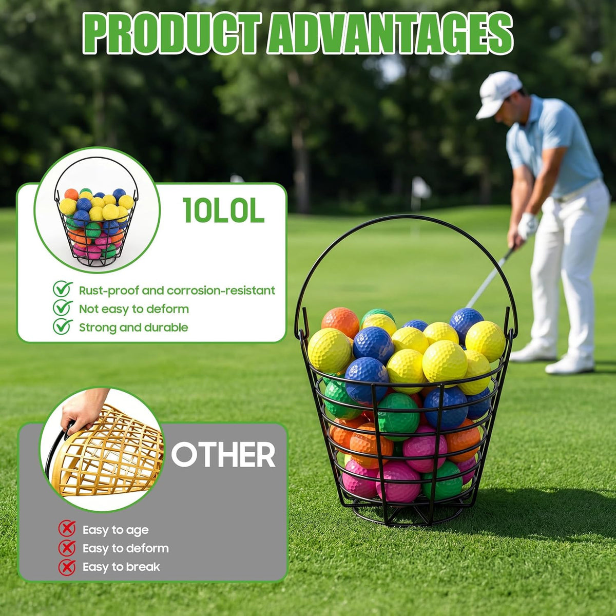 Metal Golf Ball Basket Set with Handle - Holds 50 Balls Each, Practice Range Storage Bin